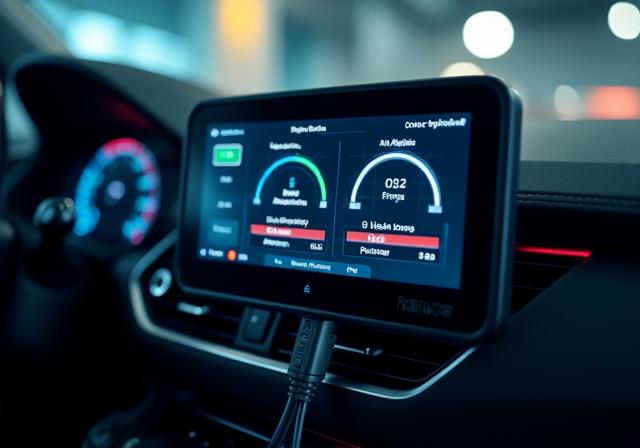 Automotive diagnostic tool connected to vehicle dashboard, showing data analysis
