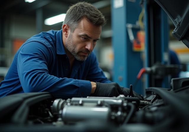 Experienced mechanic inspecting a car engine in Atlantic Auto World's service bay